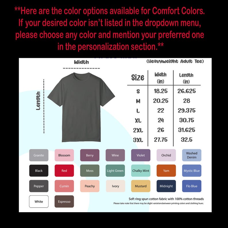 May include: A chart showing the size and dimensions of a heavyweight adult tee shirt in inches. The chart includes the width and length measurements for sizes S, M, L, XL, 2XL, and 3XL. Below the chart is a colour chart with 20 different colour options for the tee shirt.