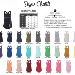 May include: Size chart for women's racerback tank tops in various colors. The chart shows width and length measurements in inches for sizes XS to 2XL.