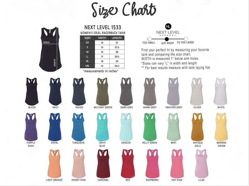 May include: Size chart for women's racerback tank tops in various colors. The chart shows width and length measurements in inches for sizes XS to 2XL.
