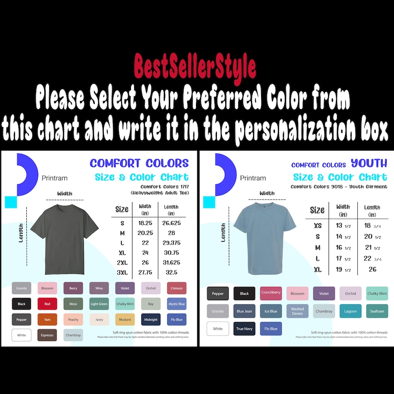 Pu&ograve; includere: Una tabella taglie e colori per t-shirt Comfort Colors, con misure in pollici. La tabella offre vari colori, tra cui nero, bianco e blu. Il testo recita: "Si prega di selezionare il colore preferito da questa tabella e scriverlo nella casella di personalizzazione."