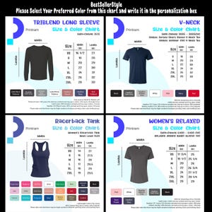 Peut inclure: Un tableau de tailles et de couleurs pour diff&eacute;rents styles de t-shirts, dont manches longues, col en V, d&eacute;bardeur dos nageur et t-shirts d&eacute;contract&eacute;s &agrave; manches courtes. Les mesures sont en pouces. Le tableau affiche des &eacute;chantillons de couleurs.