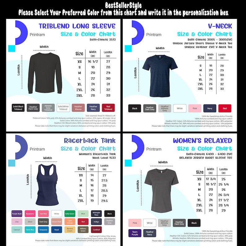 Peut inclure: Un tableau de tailles et de couleurs pour diff&eacute;rents styles de t-shirts, dont manches longues, col en V, d&eacute;bardeur dos nageur et t-shirts d&eacute;contract&eacute;s &agrave; manches courtes. Les mesures sont en pouces. Le tableau affiche des &eacute;chantillons de couleurs.