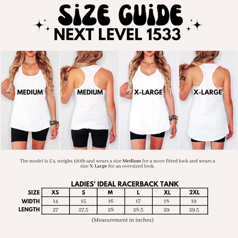 May include: Size chart for a racerback tank top with measurements in inches. The chart shows the width and length of the tank top in sizes XS, S, M, L, XL, and 2XL.