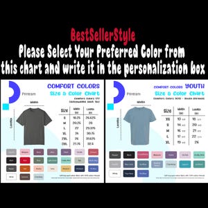 Peut inclure: Un tableau des tailles et des couleurs pour les t-shirts Comfort Colors pour adultes et jeunes, avec des mesures en pouces. Le tableau pr&eacute;sente diverses couleurs, dont le noir, le blanc et le bleu. Le texte en haut indique "BestSellerStyle".