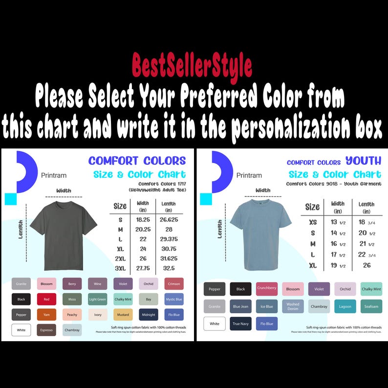 Peut inclure: Un tableau des tailles et des couleurs pour les t-shirts Comfort Colors pour adultes et jeunes, avec des mesures en pouces. Le tableau pr&eacute;sente diverses couleurs, dont le noir, le blanc et le bleu. Le texte en haut indique "BestSellerStyle".