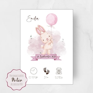 Baby Geschenk Geburtsposter Hase Luftballon Geburtsdaten personalisiert Kinderzimmer Deko Mädchen / Ausdruck oder PDF