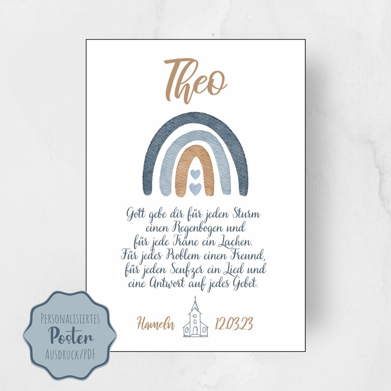 Personalisiertes Taufgeschenk Kunstdruck - Regenbogen Design Für Jungen & Mädchen - Patenbrief