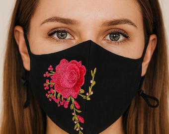 Handgeborduurd zwart bloemengezichtsmasker, katoenen masker met roosontwerp, handgemaakt decoratief masker voor vrouwen, boho esthetisch modeaccessoire,
