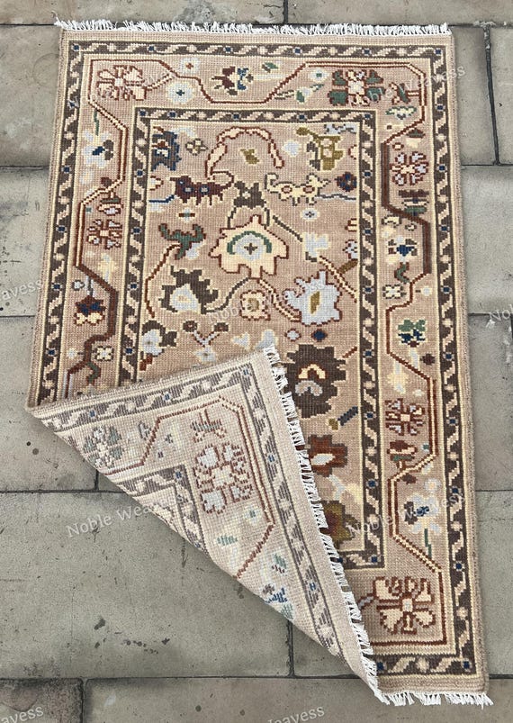 Hand Knotted Wool Oushak Rug: Beige Brown Floral Accent Carpet