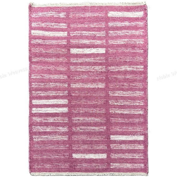 Pink Wool Flatweave Rug, Raspberry Geometric Handmade Carpet, Modern Boho Rug for Bedroom & Living Room