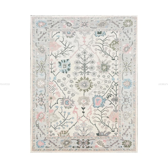 8x10 Hand knotted Oushak wool rug, ivory/green/Pink, floral for Living room, Bedroom