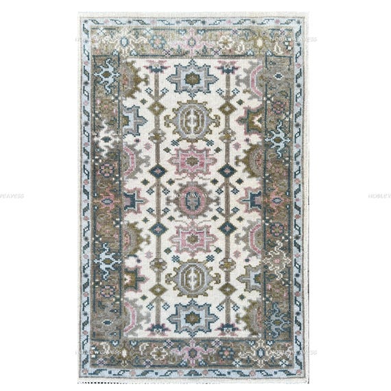 Hand Knotted Oushak Wool Rug 3x5: Ivory, Sage, Pink Pastel Carpet