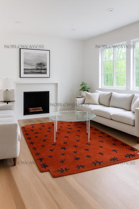 Hand Tufted Wool Rug: Rust Orange & Black Modern Design