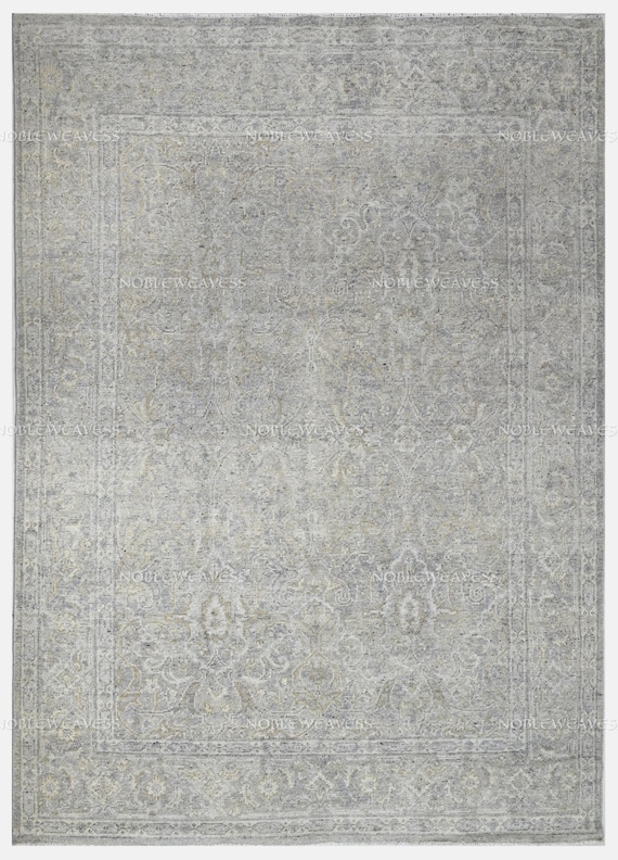 Hand Knotted Rug, Grey/Silver/Ivory, Large 9x12 Rug, Oushak 8x10 Area Rug, Traditional Handmade Mid Century Oriental Natural Wool Living Rug