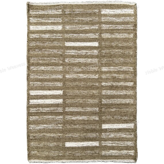 Handwoven Taupe Brown Cotton Rug: Modern Geometric Flatweave