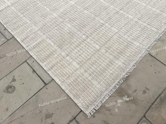 8x10 Hand Knotted Wool Rug — Beige Cream High-Low Pile, Modern Minimalist Carpet for Living Room