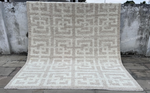 8x10 Hand knotted wool rug, ivory beige, maze Pattern Carpet for Living room, Bedroom