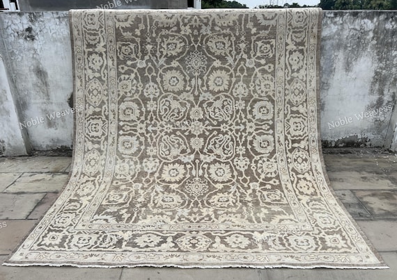 8x10 Hand knotted Oushak rug, brown ivory beige, floral carpet for Living room, Bedroom