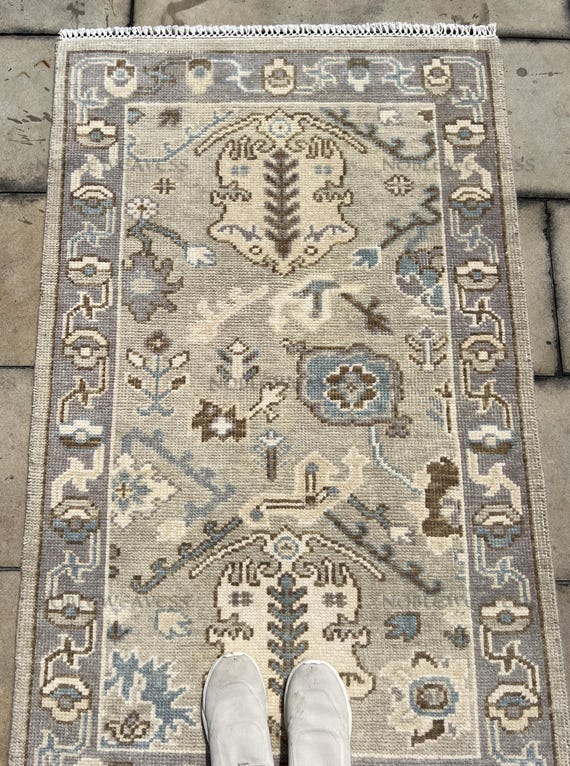 3x5 Hand knotted Oushak rug, beige grey blue, floral Carpet for Living Room, Bedroom