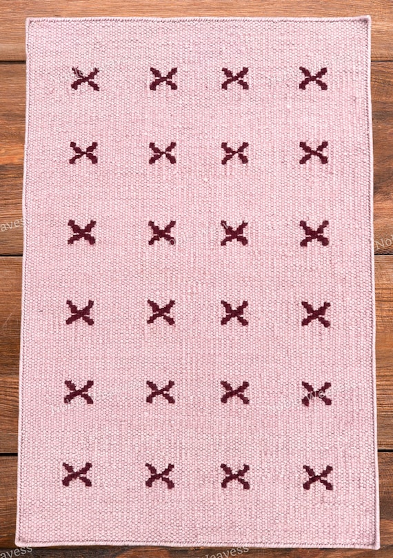 Handwoven Pink Wool Flatweave Rug — NZ Wool Geometric Carpet, Modern Boho Living Room Decor