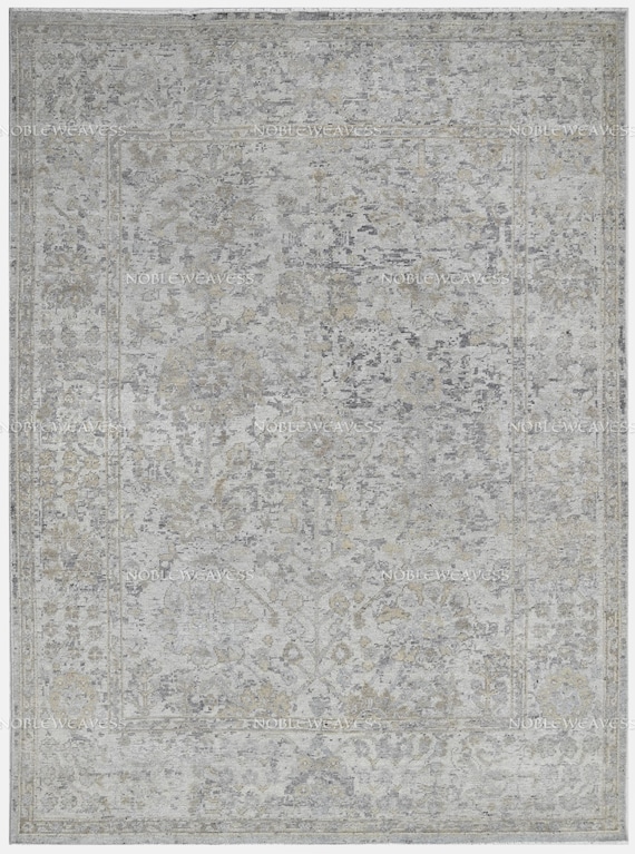 Hand-knotted, grey-beige distressed rug with vintage floral texture – perfect for luxury interiors, modern classics, and transitional spaces