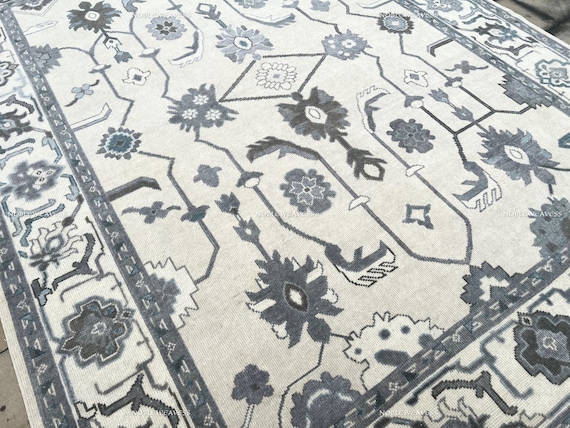 8x10 Hand Knotted Oushak Woo Rug, Blue Ivory, Floral Oriental Carpet for Living Room