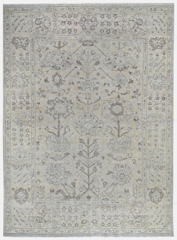 8x10 Hand Knotted Wool Oushak Rug — Beige Ivory Floral Botanical Carpet for Living Room