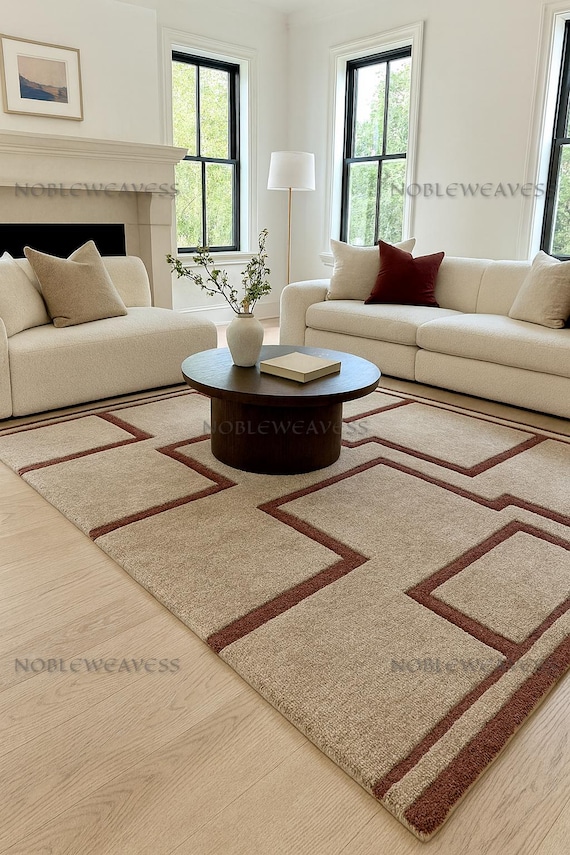 Hand-Carved Geometric Wool Rug: Ivory & Rust, New Zealand Wool