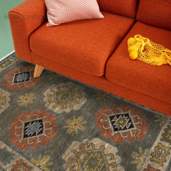Hand Knotted Wool Oushak Rug: Green Ivory Leaf Pattern, 8x10