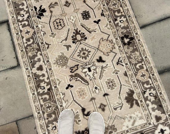 3X5 Hand Knotted Wool Oushak Rug: Beige Brown Cream, LIVING ROOM BEDROOM