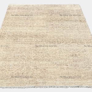 Getextureerd beige wollen vloerkleed, handgeknoopt massief modern tapijt met franje, neutraal minimalistisch vloerkleed voor woonkamer en slaapkamer 8 x 10, 9 x 12, 10 x 14