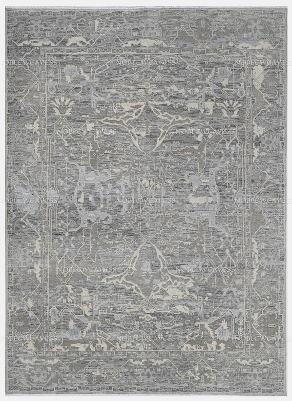 8x10 Hand Knotted Wool Rug — Grey Ivory Distressed Persian Carpet for Living Room Bedroom