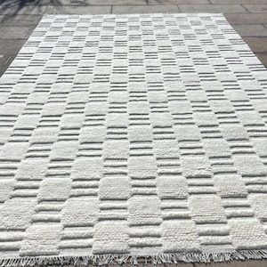 Quick Ship 8 x 10 ivoorwit wollen vloerkleed met textuur, handgeknoopt modern geometrisch hoog laag ontwerptapijt voor woonkamer of slaapkamer
