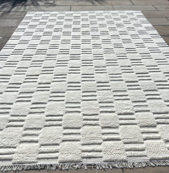Hand Knotted Ivory White Wool Rug: 8x10 Modern Geometric High-Low Texture