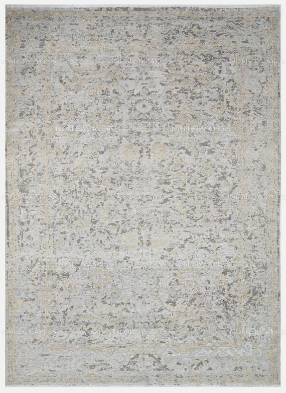 Hand Knotted Rug, Beige/Silver/Grey, Large 9x12 Rug, Oushak 8x10 Area Rug, Traditional Handmade Mid Century Oriental Natural Wool Living Rug