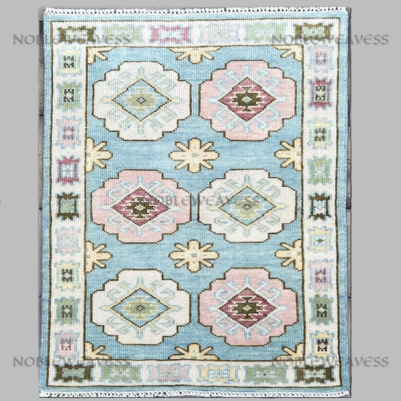 3x5 Hand Knotted Oushak Rug, Blue Pink Ivory Wool Carpet, Tribal Geometric Turkish Design,