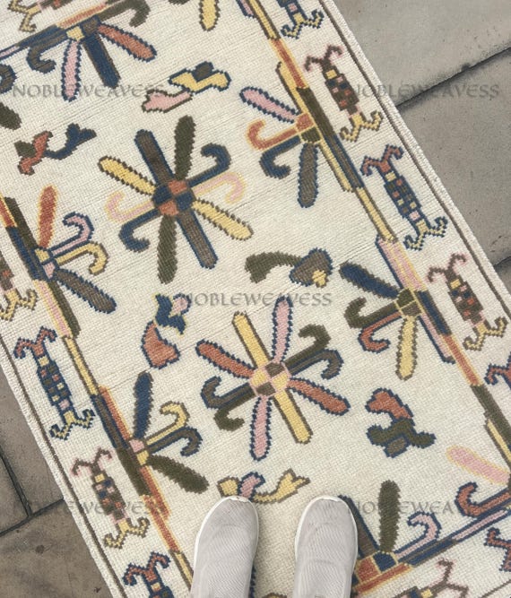 Ivory Wool Oushak Rug 3x5 — Hand Knotted Multicolor Pink Yellow Olive Green, Oriental Carpet for Living Room & Bedroom