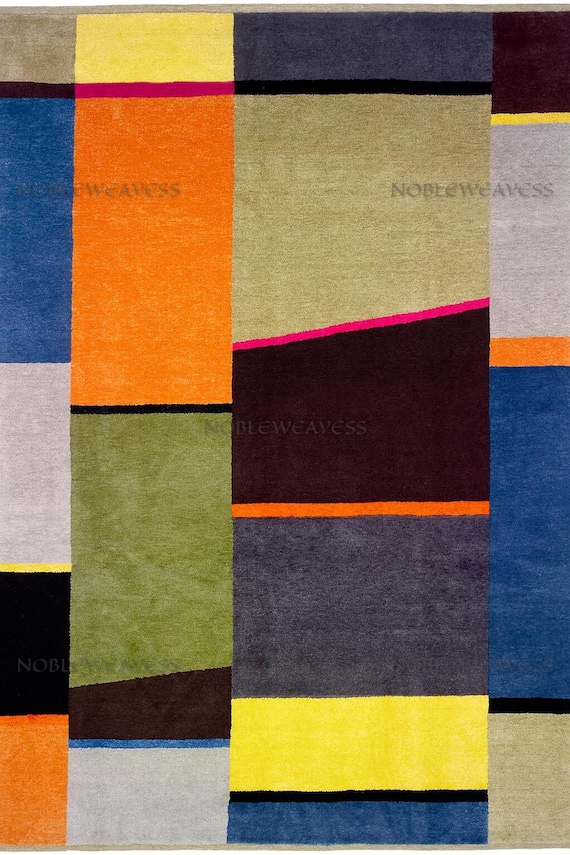 Hand Tufted Wool Rug: Modern Geometric Multicolor Block Design