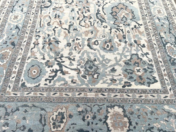 8x10 Hand knotted Oushak wool rug, blue ivory beige, floral for Living room, Bedroom