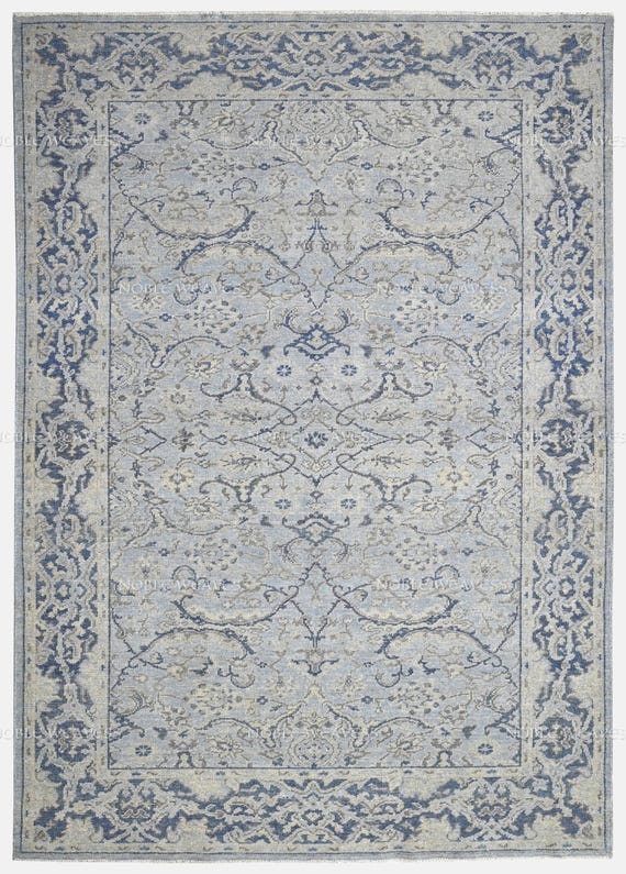 Hand-knotted blue grey rug with intricate vintage floral vines and medallion pattern – perfect for classic, formal, and elegant interiors