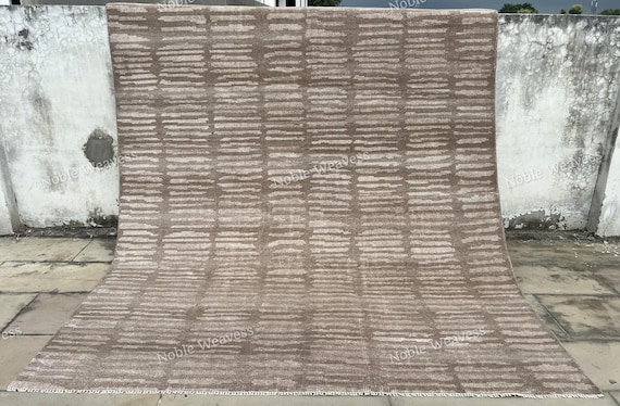 Hand Knotted 8x10 Wool Rug: Beige Abstract Modern Minimalist Carpet