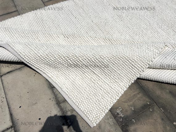 Hand Woven Wool Rug – Textured Pebble Loop Design, Ivory White - SIZE 8X10