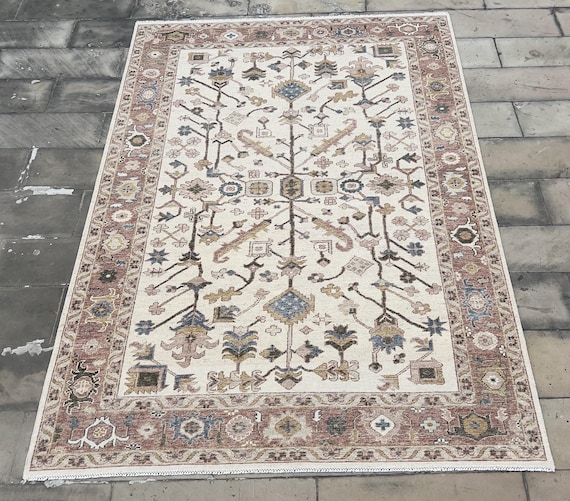 8x10 Hand knotted Oushak rug, ivory rust blue, floral Carpet for Living room, Bedroom