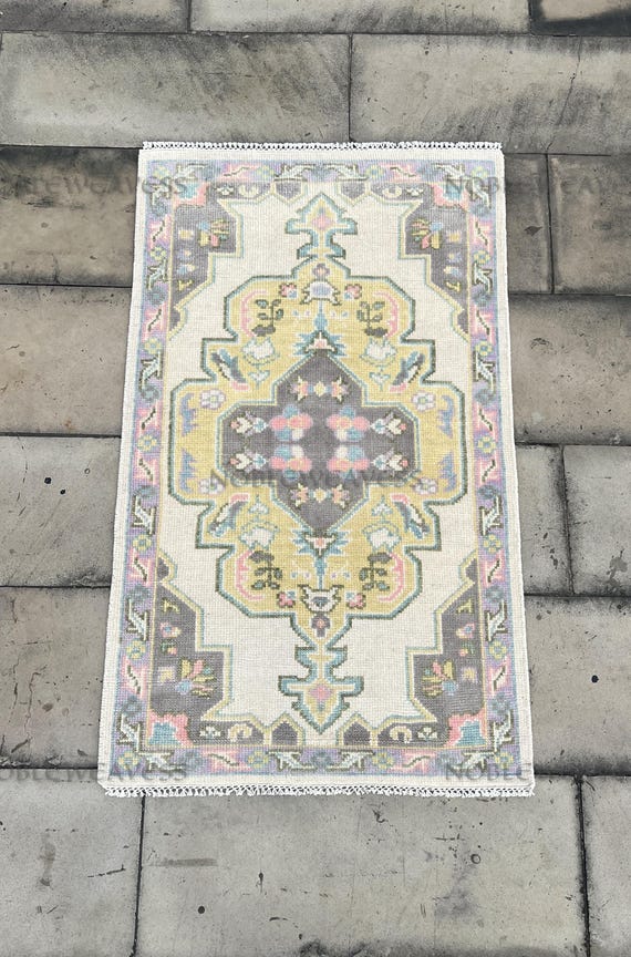 3x5 Hand Knotted Oushak Rug, Ivory Gray Wool Carpet with Yellow Pastel Pink Blue