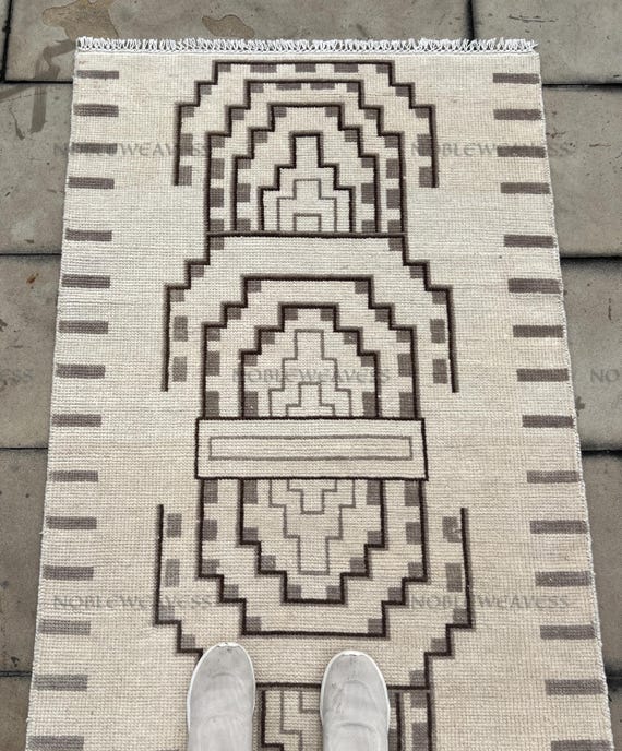 3x5 Hand knotted wool rug, ivory beige brown, geometric Carpet for Living room, Bedroom