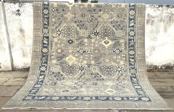 8x10 Hand knotted Oushak rug, grey ivory blue, geometric Carpet for Living room, Bedroom