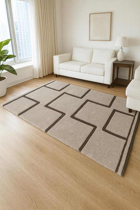 8x10 Hand Tufted Wool Rug — Beige Brown Geometric Modern Design Carpet for Living Room Bedroom