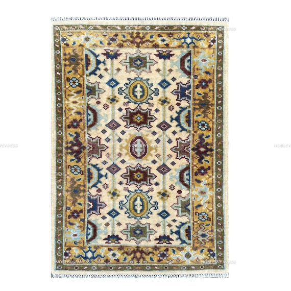 Hand Knotted Oushak Wool Rug 3x5: Ivory, Olive, Burgundy