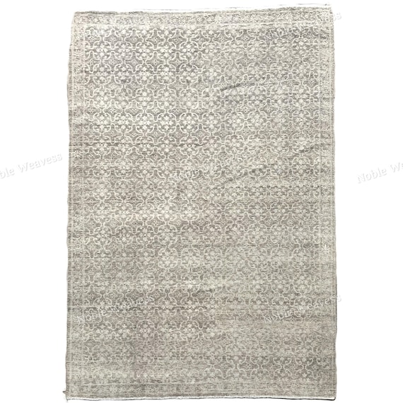 Hand Knotted Oushak Rug 8x10: Grey Beige Turkish Wool Carpet