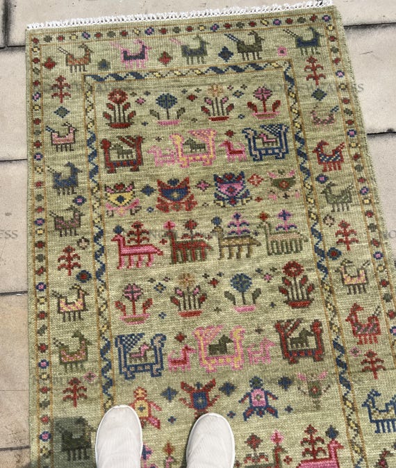 Hand Knotted Wool Oushak Rug: Green Tribal Animal Design 3X5  FOR LIVING ROOM